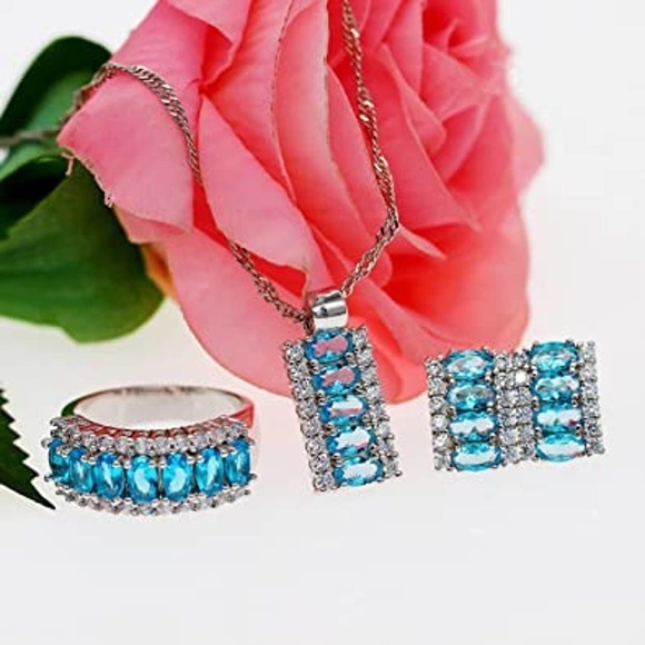 Platinum Plated Necklace Earring Ring CZ Cubic Rhinestone Necklace Blue Earrings - Picture 2 of 8